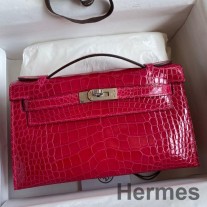 Hermes Kelly Pochette käsintehty laukku Rose Extreme kiiltävästä alligaattorinahasta