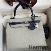 Hermes Kelly Sellier 25 Bicolor laukku helmenharmaa ja sininen Mysore vuohennahka
