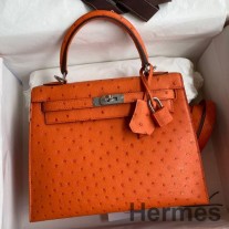 Hermes Kelly Sellier 25 käsintehty laukku oranssista strutsinnahasta
