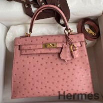 Hermes Kelly Sellier 25 käsintehty laukku Terre Cuite Strutsin nahkaa