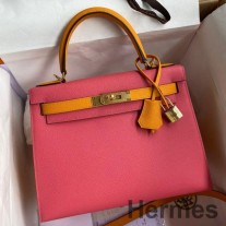 Hermes Kelly Sellier 28 Bicolor -pussi ruusuhuulipunaa ja keltaista Epsom-vasikannahkaa