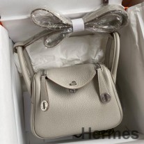 Hermes Mini Lindy Käsintehty laukku Pearl Grey Clemence nahkaa
