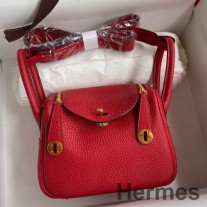 Hermes Mini Lindy käsintehty laukku punaista Clemence-nahkaa