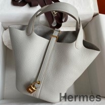 Hermes Picotin Lock 18 käsintehty laukku helmenharmaata Clemence-nahkaa
