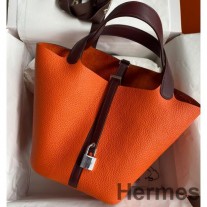 Hermes Picotin Lock 22 Bicolor käsintehty laukku oranssia ja viininpunaista nopeaa nahkaa