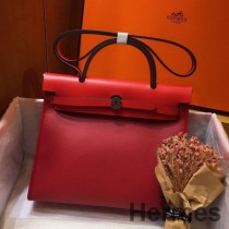 Hermes Herbag vetoketju 31 cm laukku, punainen toile ja nahka