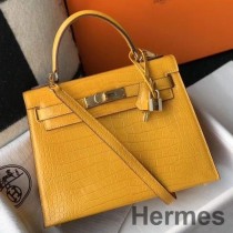 Hermes Kelly 25 cm käsintehty laukku keltaisella kohokuvioidulla krokotiilinahalla