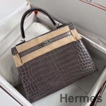 Hermes Kelly Retourne 25 käsintehty laukku Taupe Crocodile Niloticus kiiltävällä iholla