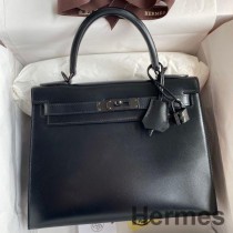 Hermes Kelly Sellier 28 käsintehty laukku mustassa laatikossa vasikannahkaa