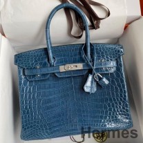 Hermes Birkin 30 Handgefertigte Tasche Aus Blauem Tempete-Krokodil Niloticus Glänzende Haut