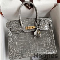 Hermes Birkin 30 Handgefertigte Tasche Aus Tourterelle-Krokodil Niloticus Glänzender Haut