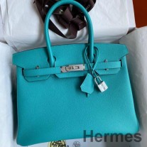 Handgefertigte Tasche Hermes Birkin 30 Retourne aus blauem Paon Epsom-Kalbsleder
