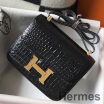 Hermes Constance 18 Handgefertigte Tasche Aus Schwarzem Geprägtem Krokodil