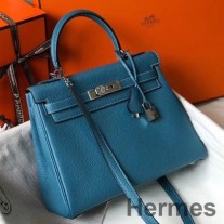 Hermes Kelly 25cm Retourne Tasche aus blauem Jean Clemence Leder