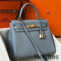 Hermes Kelly 25cm Retourne Tasche aus blauem Lin Clemence Leder