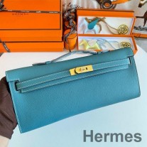 Handgefertigte Tasche „Kelly Cut“ von Hermes aus Epsom-Kalbsleder in Blue Jean