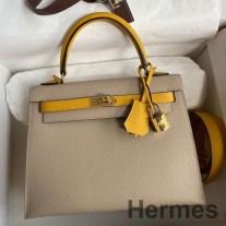 Hermes Kelly Sellier 25 Bicolor Tasche aus Trenchcoat und gelbem Epsom-Kalbsleder