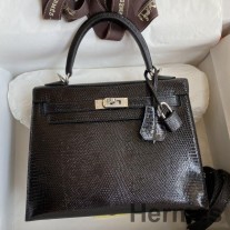 Hermes Kelly Sellier 25 Handgefertigte Tasche aus schwarzem Eidechsenleder