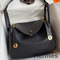 Hermes Lindy 30 Handgefertigte Tasche aus schwarzem Straußenleder