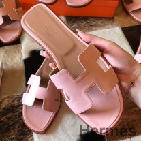 Hermes Oran Slide Sandalen aus rosa Swift-Kalbsleder