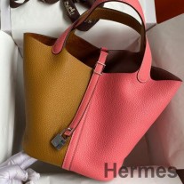 Hermes Picotin Lock 22 Bicolor handgefertigte Tasche aus Sesam und Rosa Azalee Clemence Leder
