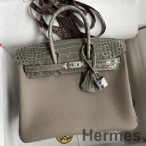 Hermes Touch Birkin 25 Tasche aus glänzendem Niloticus-Krokodilleder in Asphaltgrau
