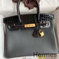 Hermes Touch Birkin 30 Tasche aus schwarzem Clemence und glänzendem Niloticus-Krokodilleder