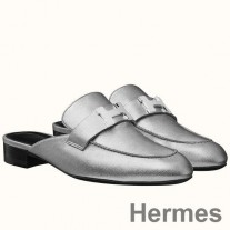 Pantoletten Hermes Trocadero aus silbernem Nappaleder
