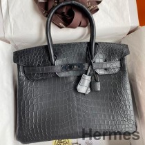 Hermes Birkin 30 Handgefertigte Tasche Aus Mattschwarzem Niloticus-Krokodil