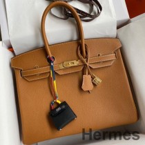 Handgefertigte Tasche Hermes Birkin 35 Retourne aus goldenem Epsom-Kalbsleder