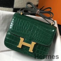 Hermes Constance 18 Handgefertigte Tasche Aus Grünem Geprägtem Krokodil