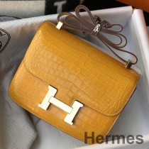 Hermes Constance 24cm Tasche aus gelbem geprägtem Krokodil