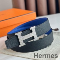 Hermes H Guillochee Wendbarer Gürtel 32MM aus schwarzem und blauem Epsom-Kalbsleder