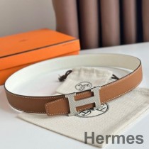 Hermes H Guillochee Wendbarer Gürtel 32MM aus goldenem und weißem Epsom-Kalbsleder