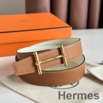 Hermes H d'Ancre Wendegürtel 32MM aus goldenem und weißem Epsom-Kalbsleder