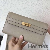 Hermes Kelly Classic Lange Geldbörse Aus Grauem Epsom Leder