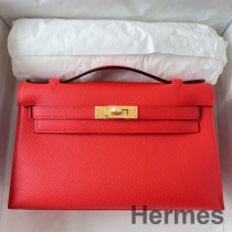 Handgefertigte Tasche „Kelly Pochette“ von Hermes aus Rouge Piment Epsom-Kalbsleder