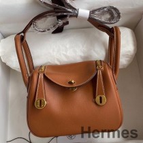 Hermes Mini Lindy Handgefertigte Tasche Aus Goldfarbenem Swift-Leder
