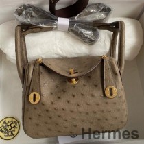 Hermes Mini Lindy Handgefertigte Tasche Aus Taupe Straußenleder