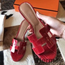 Hermes Oasis Sandalen aus rotem, glänzendem Niloticus-Krokodil