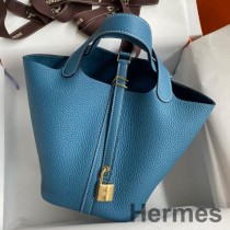 Hermes Picotin Lock 18 Handgefertigte Tasche aus blauem Jean Clemence-Leder