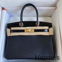 Hermes Touch Birkin 30 Tasche aus schwarzem, glänzendem Niloticus-Krokodilleder