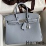 Handgefertigte Tasche Hermes Birkin 25 Retourne aus blauem Lin Clemence-Leder