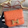 Hermes Constance 18 Handgefertigte Tasche aus orangefarbenem Straußenleder