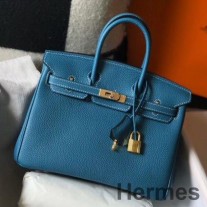 Hermes Birkin 25cm Väska i Blå Jean Clemence Läder GHW