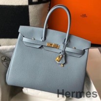 Hermes Birkin 35cm Väska I Blå Lin Clemence Läder GHW