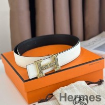 Hermes H Touareg vändbart bälte 32MM i vitt Epsom-läder