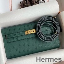 Hermes Kelly Classique To Go-plånbok i malakitstrutsläder
