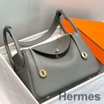 Hermes Lindy 30cm Väska I Gris Meyer Clemence Läder GHW