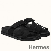 Hermes Chypre-sandaler för män i svart mocka-kalvskinn